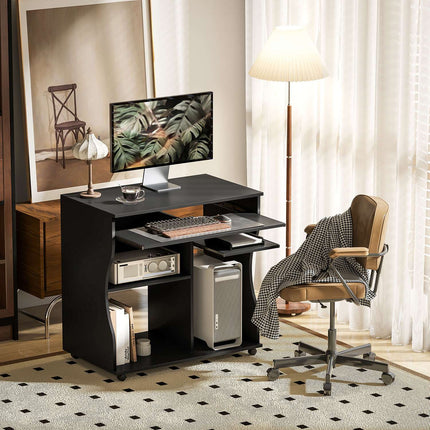 Bureau d'ordinateur avec roulettes Table de bureau avec étagère pour clavier ? Étagère, table PC noir 80 x 48 x 75 cm
