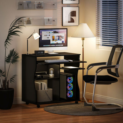 Bureau d'ordinateur avec roulettes Table de bureau avec étagère pour clavier ? Étagère, table PC noir 80 x 48 x 75 cm