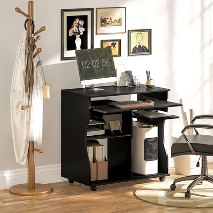 Bureau d'ordinateur avec roulettes Table de bureau avec étagère pour clavier ? Étagère, table PC noir 80 x 48 x 75 cm