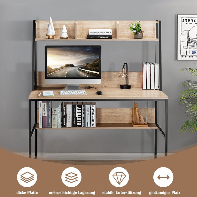 Bureau d'ordinateur avec étagère, bibliothèque et repose-pieds réglables, table de travail naturel