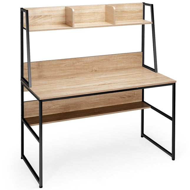 Bureau d'ordinateur avec étagère, bibliothèque et repose-pieds réglables, table de travail naturel