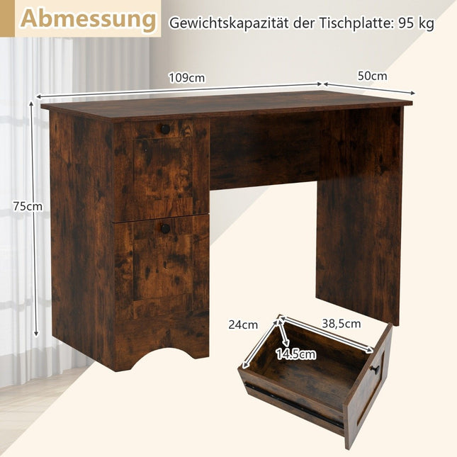 Table d'ordinateur avec 2 tiroirs, bureau, table de jeu robuste, coiffeuse, table pour ordinateur portable, marron