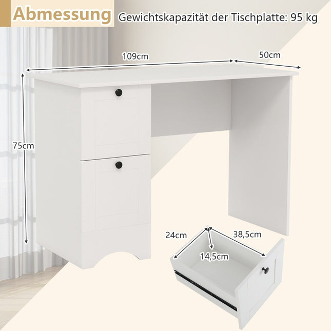 Computertisch mit 2 Schubladen, Schreibtisch, robuster Gaming-Tisch, Frisiertisch, Laptoptisch, weiß