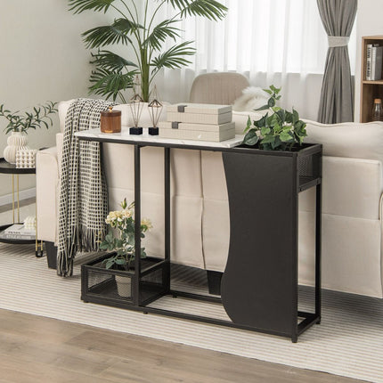 Console de 110,5 cm, plateau en faux marbre, cubes pour plantes