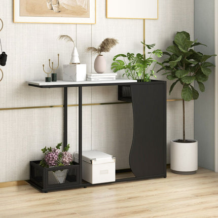 Console de 110,5 cm, plateau en faux marbre, cubes pour plantes
