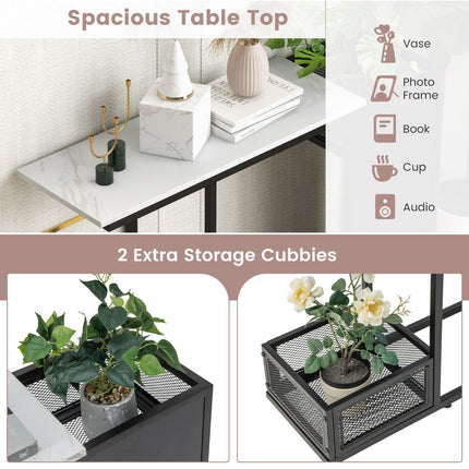 Console de 110,5 cm, plateau en faux marbre, cubes pour plantes