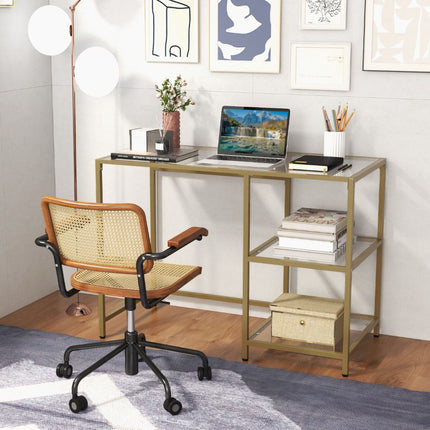 Console, plateau en verre trempé, 2 étagères, cadre doré