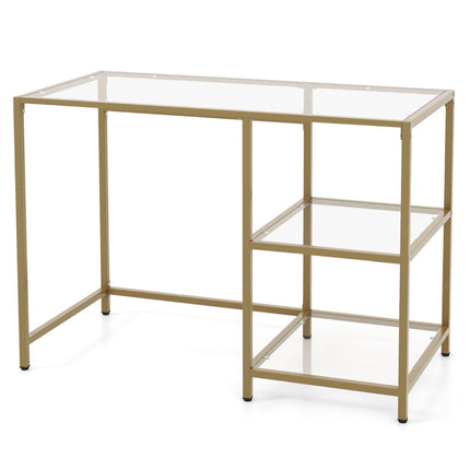 Console, plateau en verre trempé, 2 étagères, cadre doré