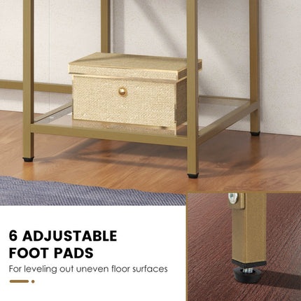 Console, plateau en verre trempé, 2 étagères, cadre doré