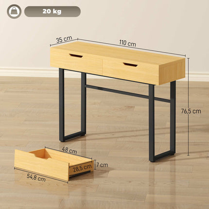 Console à 2 tiroirs, structure en métal, 110 x 35 x 76,5 cm