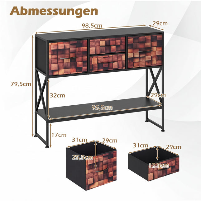 Console à 4 tiroirs en tissu, structure en métal, mosaïque de bois