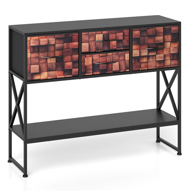Console à 4 tiroirs en tissu, structure en métal, mosaïque de bois