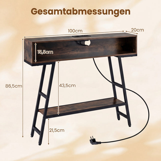 Console à 3 niveaux avec éclairage LED et station de recharge, marron rustique