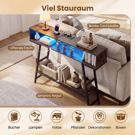 Console à 3 niveaux avec éclairage LED et station de recharge, marron rustique