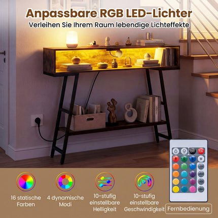 Console à 3 niveaux avec éclairage LED et station de recharge, marron rustique