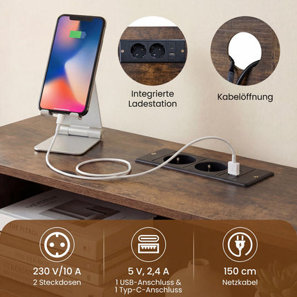 Console à 3 niveaux avec éclairage LED et station de recharge, marron rustique
