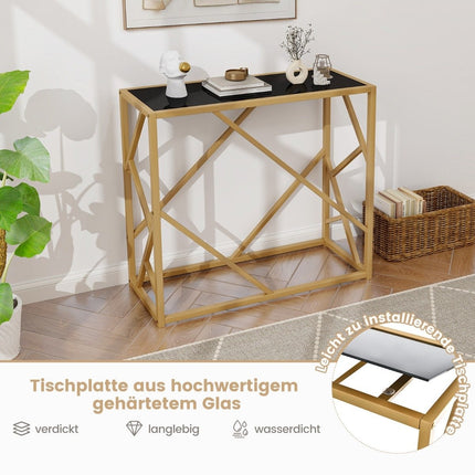 Console avec plateau en verre trempé, cadre doré, 80 cm