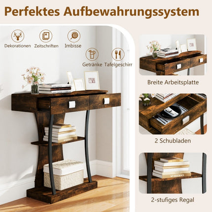 Table console avec 2 tiroirs Table d'entrée en bois avec 2 étagères 91 x 30 x 87 cm Marron rustique