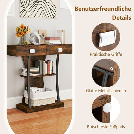 Table console avec 2 tiroirs Table d'entrée en bois avec 2 étagères 91 x 30 x 87 cm Marron rustique