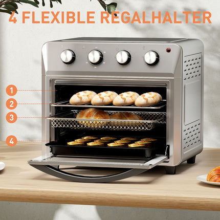 Mini four à convection, friteuse à air chaud, 24 L, 6 modes, minuterie, argent