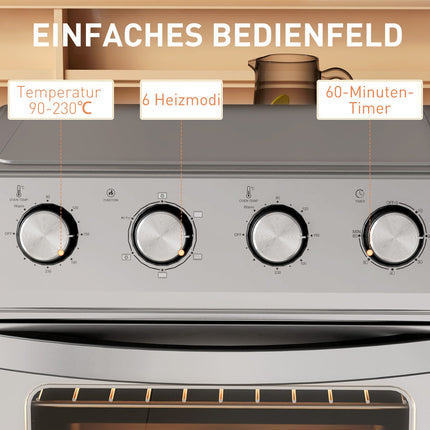 Mini four à convection, friteuse à air chaud, 24 L, 6 modes, minuterie, argent