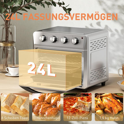 Mini four à convection, friteuse à air chaud, 24 L, 6 modes, minuterie, argent