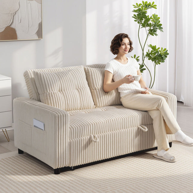 Schlafsofa 2-Sitzer, Kordsamt, Cremeweiß