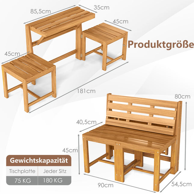 Verwandelbare 3-in-1 Gartenbank- und Tischgarnitur aus Akazienholz