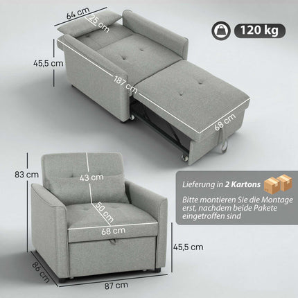 Verwandelbares 3-in-1 Sofa-Sessel-Bett, Verstellbare Rückenlehne, Grau