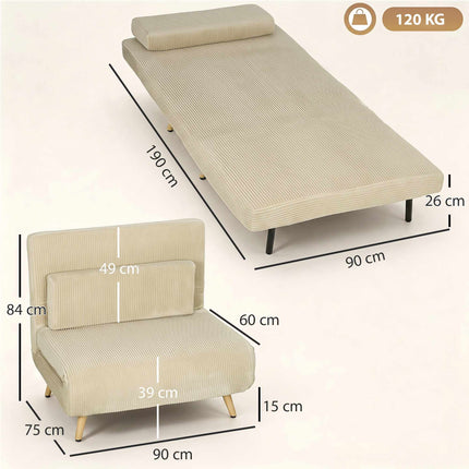 Schlafsofa aus Cord, verstellbare Rückenlehne, Beige