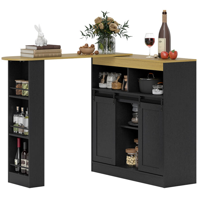 Table de bar convertible en L, MDF noir, grand espace de rangement
