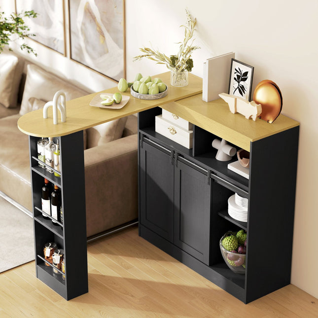 Table de bar convertible en L, MDF noir, grand espace de rangement
