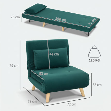 Fauteuil convertible en lit, dossier réglable, velours vert foncé