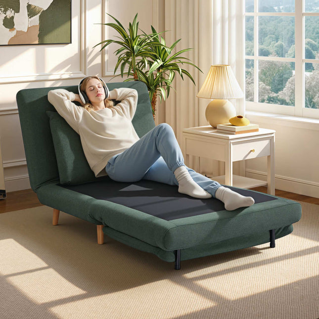 Fauteuil-canapé convertible - Dossier réglable, pieds en hêtre, vert foncé