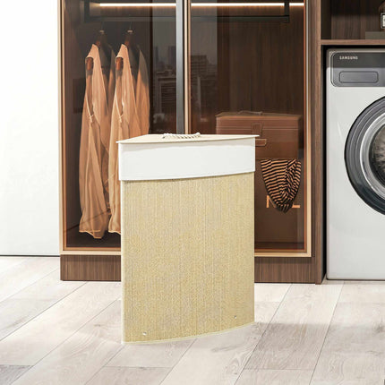 Corner Bamboo Laundry Hamper With Lid, 55L, Cream