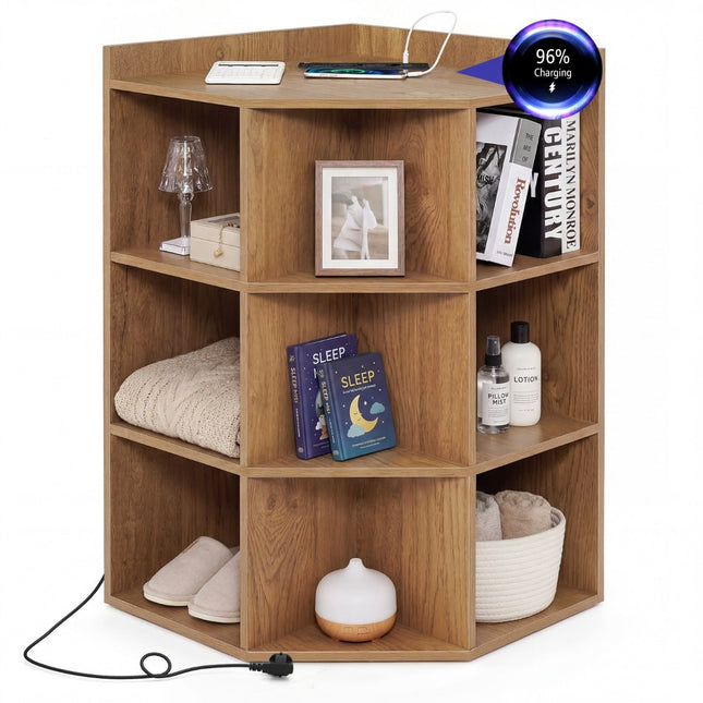 Bibliothèque d'angle avec station de recharge, 9 étagères, 2 ports USB, 4 prises électriques