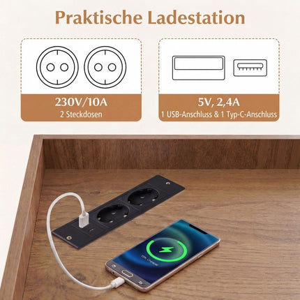 Bibliothèque d'angle avec station de recharge, 9 étagères, 2 ports USB, 4 prises électriques
