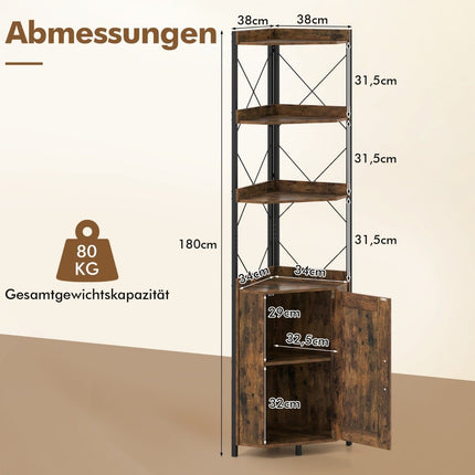 Bibliothèque d'angle avec rangement, 5 niveaux, marron rustique, 180 cm