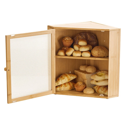 Corner Bread Box, Double-Layer Bamboo, Acrylic Door