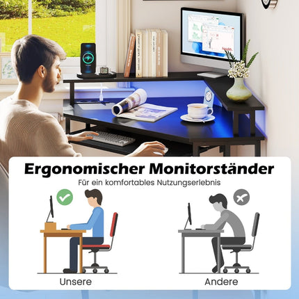 Bureau d'angle avec station de charge, éclairage LED et plateau pour clavier