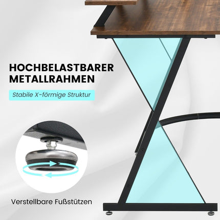Eckschreibtisch mit Steckdose &amp; USB-Ladeanschluss &amp; Monitorständer Rustikalbraun
