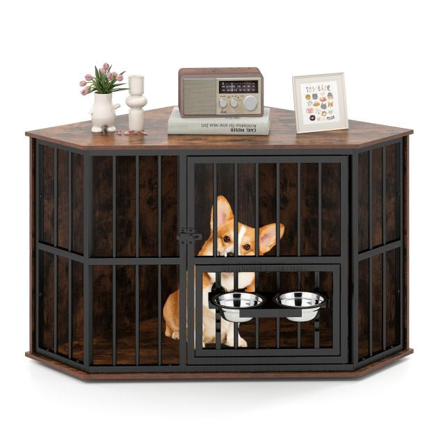 Meuble d'angle pour cage de chien, 114 x 60 x 68 cm, distributeur de croquettes réglable