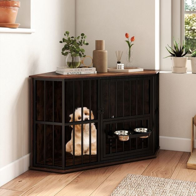 Meuble d'angle pour cage de chien, 114 x 60 x 68 cm, distributeur de croquettes réglable