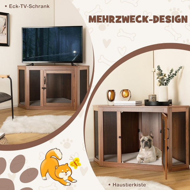 Table d'appoint d'angle pour niche pour animal domestique, avec porte moustiquaire et coussin, 114 x 59 x 67 cm, marron