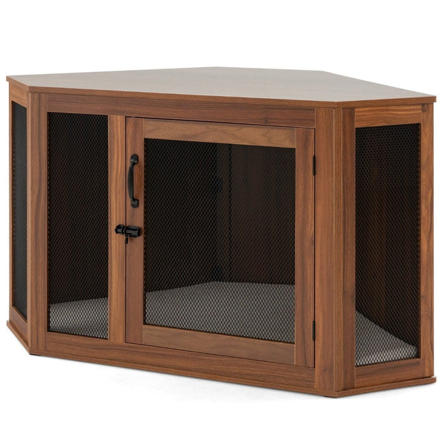 Table d'appoint d'angle pour niche pour animal domestique, avec porte moustiquaire et coussin, 114 x 59 x 67 cm, marron