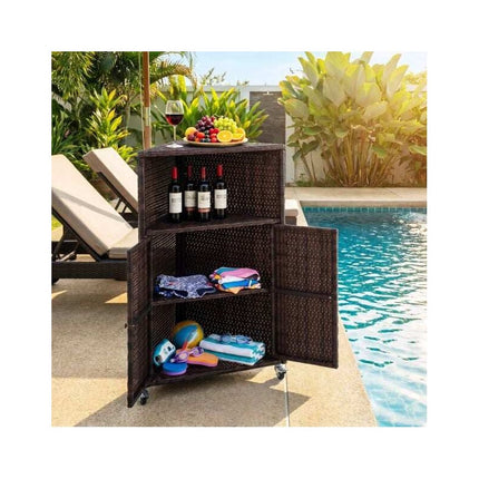 Corner Rattan Outdoor Storage Cabinet with 2 Doors, Brown, Lockable Casters