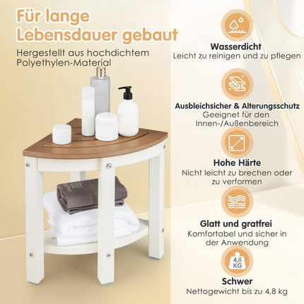 Tabouret de douche d'angle avec étagère, en PEHD imperméable, blanc