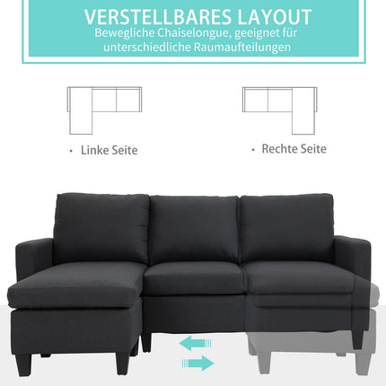 Dunkelgraues L-förmiges Ecksofa aus Leinen mit Récamiere, 197cm