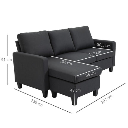 Dunkelgraues L-förmiges Ecksofa aus Leinen mit Récamiere, 197cm
