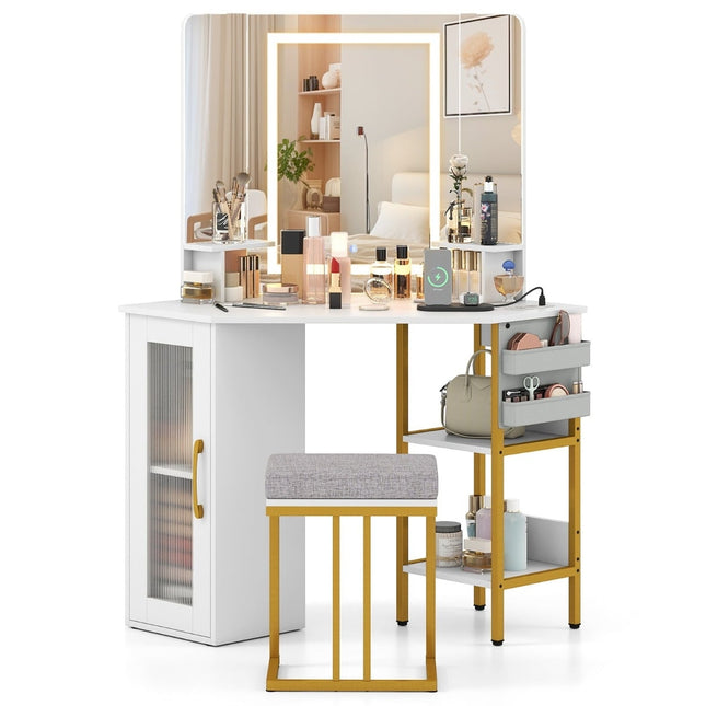 Coiffeuse d'angle avec tabouret, miroir LED et ports de chargement